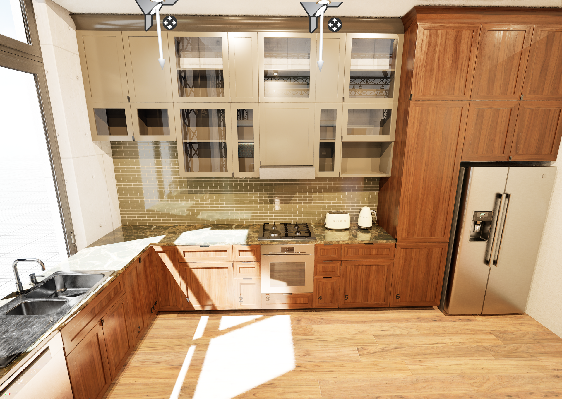 A kitchen with wooden cabinets and stainless steel appliances