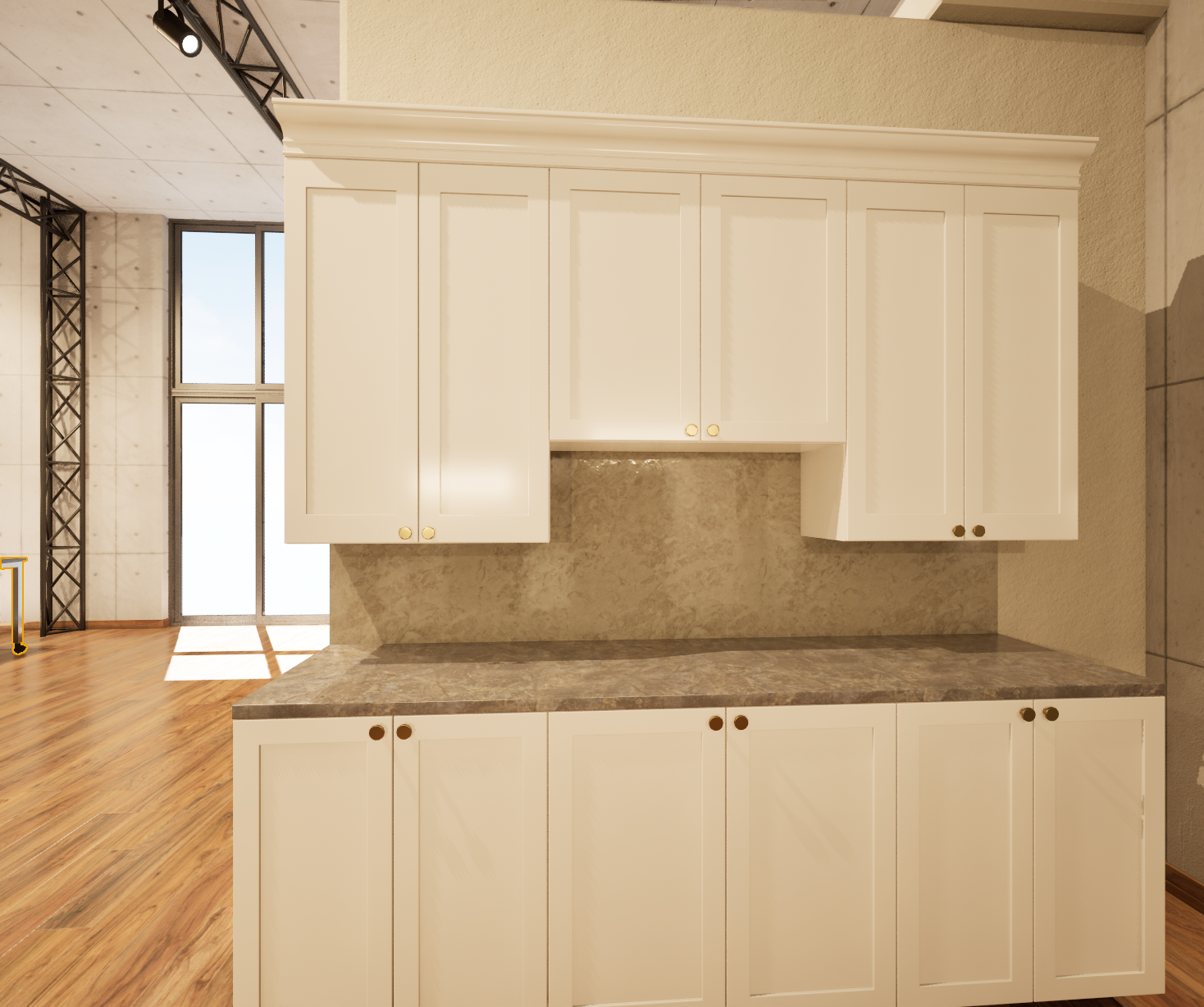 A kitchen with white cabinets and a granite counter top