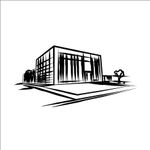 Un disegno in bianco e nero di un edificio con alberi di fronte.