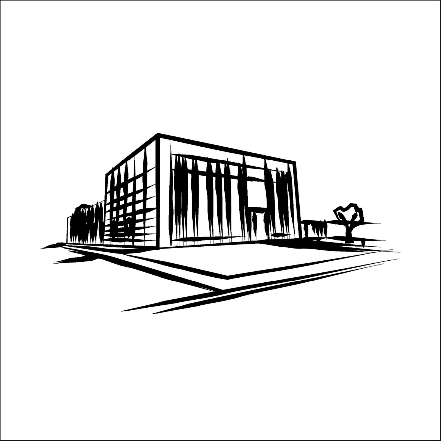Un disegno in bianco e nero di un edificio con alberi di fronte.