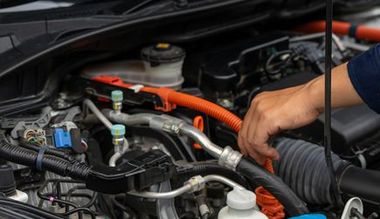 Hand inspecting car engine components, focusing on orange electrical cables.
