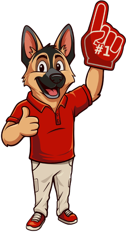 German Shepherd dog wearing a red shirt, tan pants, and sneakers, giving a thumbs up and holding a 
