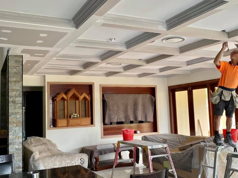 Living room with Coffered Ceiling — Manufacturing Cornices in Logan Village, QLD