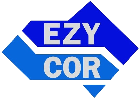 A blue and white logo for ezy cor