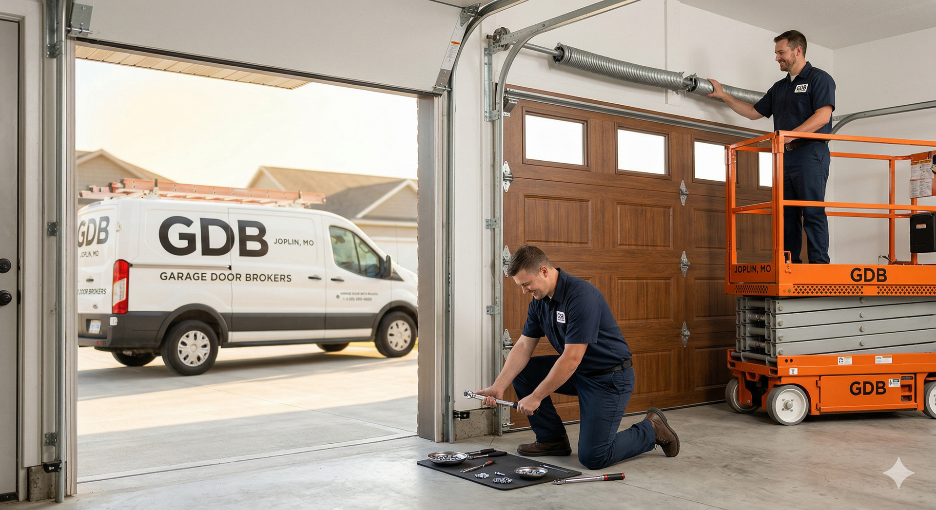 Two technicians in uniform work on a residential garage door, one kneeling on the floor and another on a scissor lift.