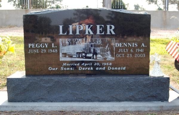 A black granite headstone for the Lipker family, featuring an etched semi-truck, names, dates, and a marriage inscription.