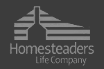 Logo for Homesteaders Life Company featuring a gray stylized house icon above the company name.