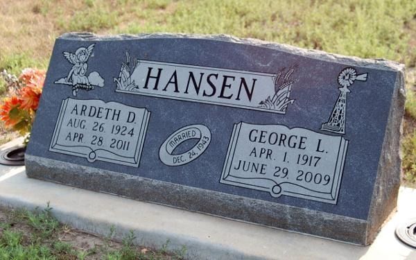 A dark granite headstone for the Hansen family, featuring inscriptions for Ardeth D. and George L. Hansen.