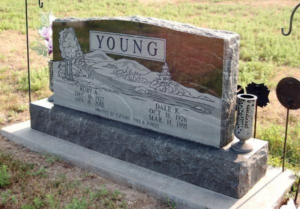 A dark gray stone monument in a cemetery engraved with the surname 