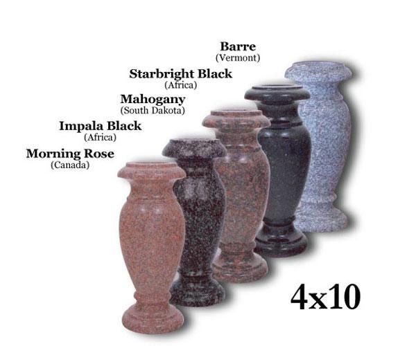 Five stone vases in various colors and origins, arranged in a row with the text 