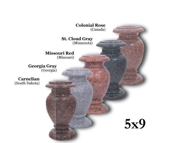 Five stone vases in various colors and regional origins, labeled with stone type and location, arranged in a row.
