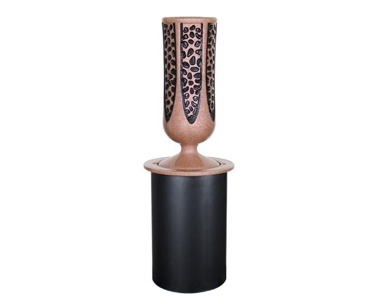 A brown, leopard-print textured vase with a flared top sitting on a solid black cylindrical base.