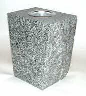 A square, grey, speckled stone outdoor waste receptacle with a centered, circular metal ash tray on top.