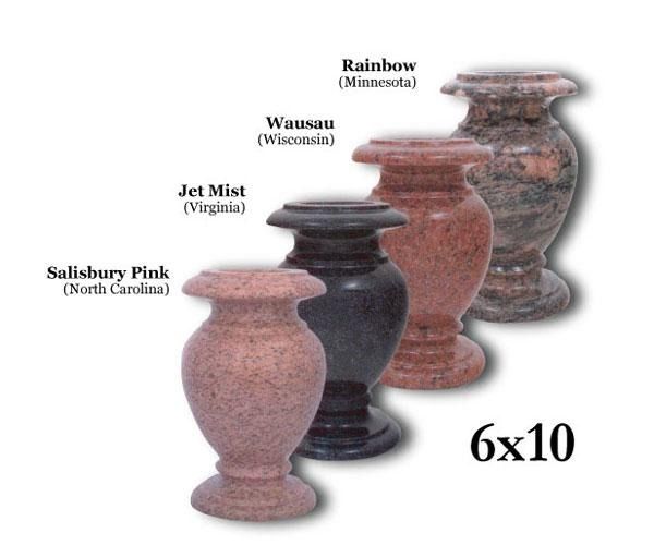 Four granite urns of different colors and origins arranged in a row, labeled with their stone type and origin.