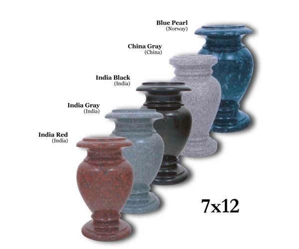 Five granite memorial vases in red, gray, black, speckled gray, and blue, labeled by color and origin, with size 7x12.