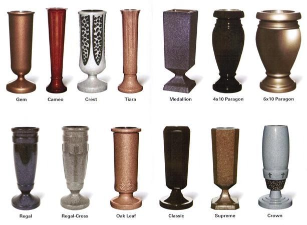 A grid of twelve different styles of metallic cemetery vases, labeled with their names underneath.