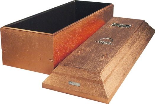 A bronze-colored casket shown at an angle with its rectangular lid removed and placed beside the open base.