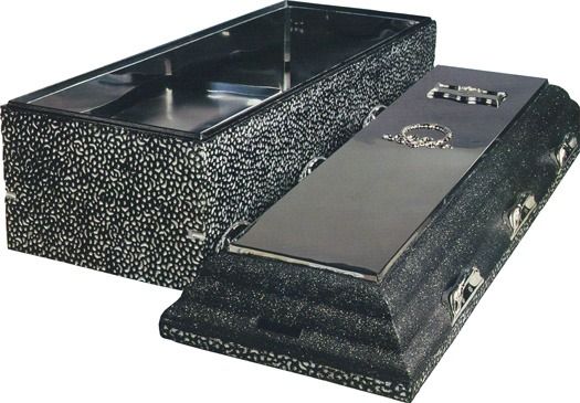 A black coffin with a textured, pebbled finish and a glossy, smooth lid, viewed from an angle against a white background.