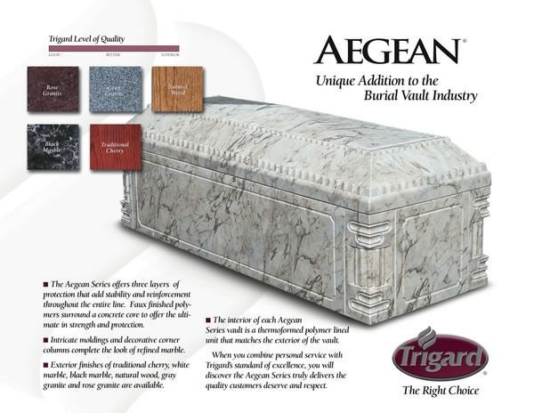 An Aegean burial vault by Trigard, shown in white marble with inset samples of other available finishes.