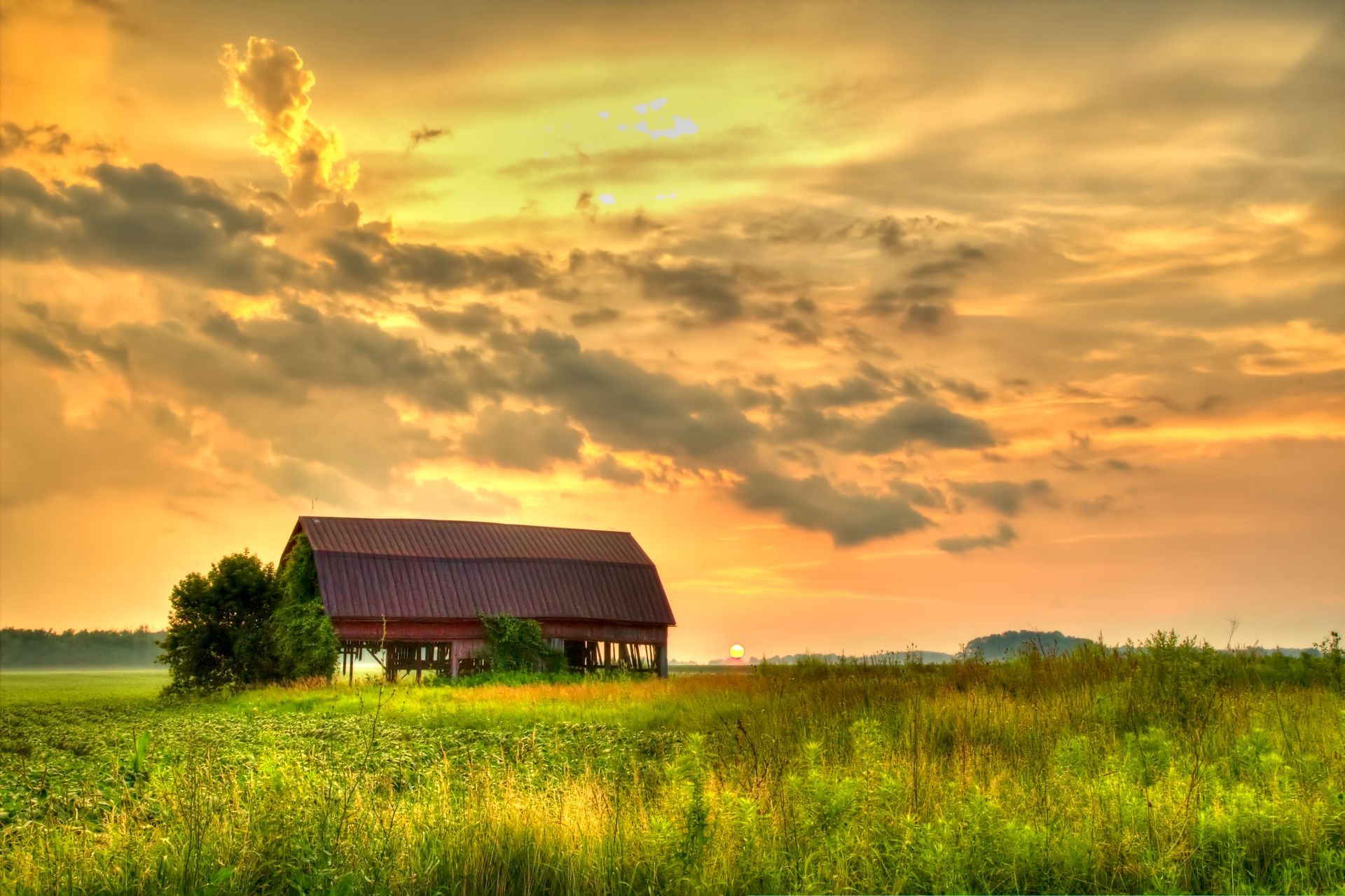 A rustic barn sits in a grassy field under a dramatic golden sunset sky.
