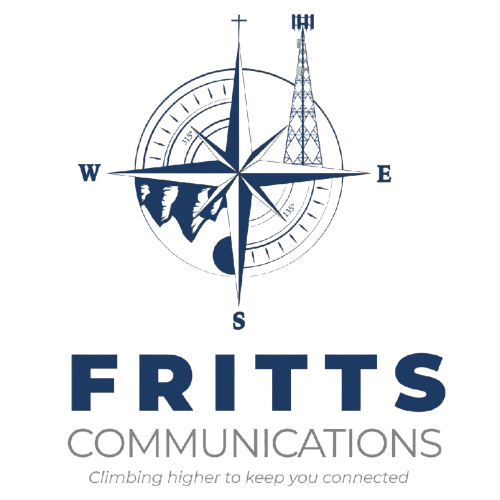 A logo for Fritts Communications with a compass on it
