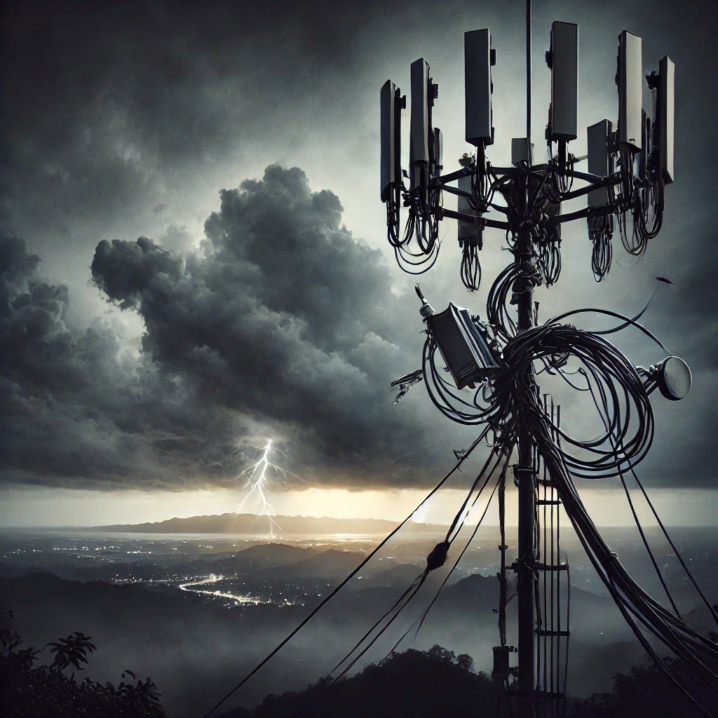 A man is standing on top of a very tall tower.