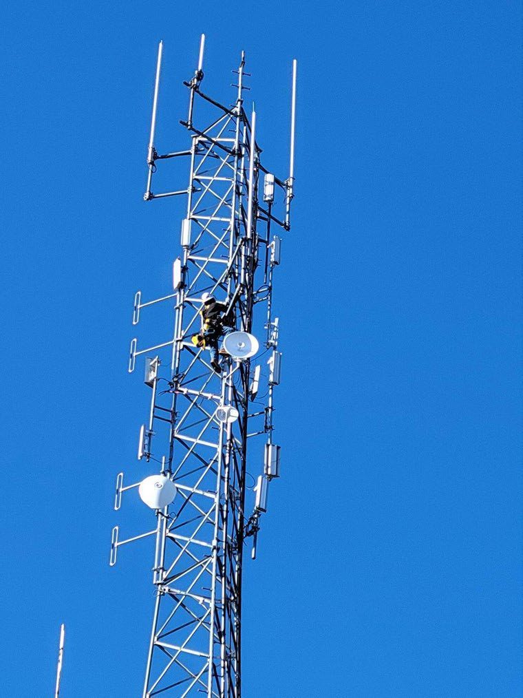A man wearing a hard hat is working on a telephone pole