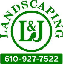 A logo for l & j landscaping with a phone number.