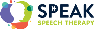 Logo for Speak Speech Therapy. A head in colorful shapes with the word SPEAK and 