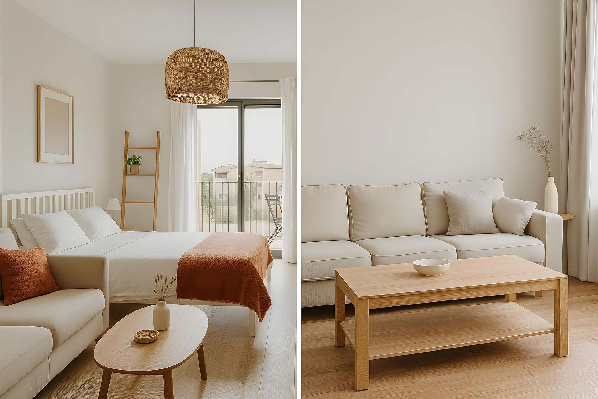Un dormitorio con una cama y una sala de estar con un sofá y una mesa de café.