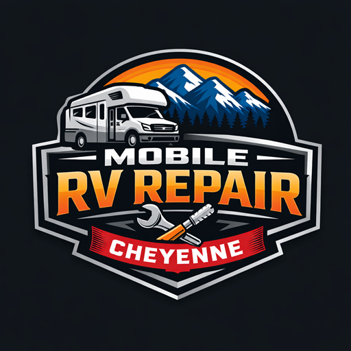 Logo for Mobile RV Repair in Cheyenne: RV, mountains, wrench, text on black background.