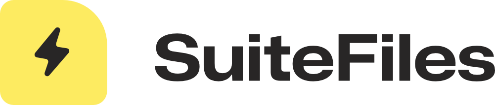 SuiteFiles logo: lightning bolt icon in a yellow circle next to black text that spells