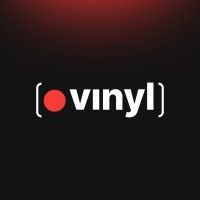Logo for the Vinyl app: white text and brackets, red dot, on a black background.
