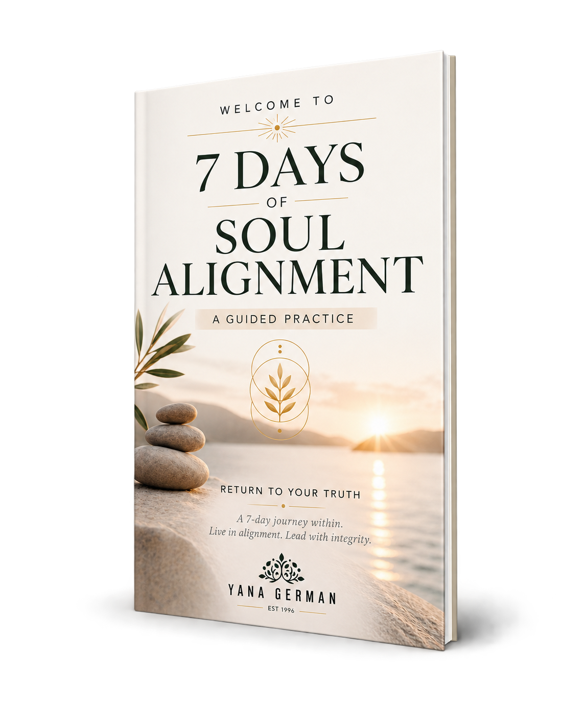 Book cover reading “7 Days Soul Alignment” with a serene beach and stacked stones at sunrise