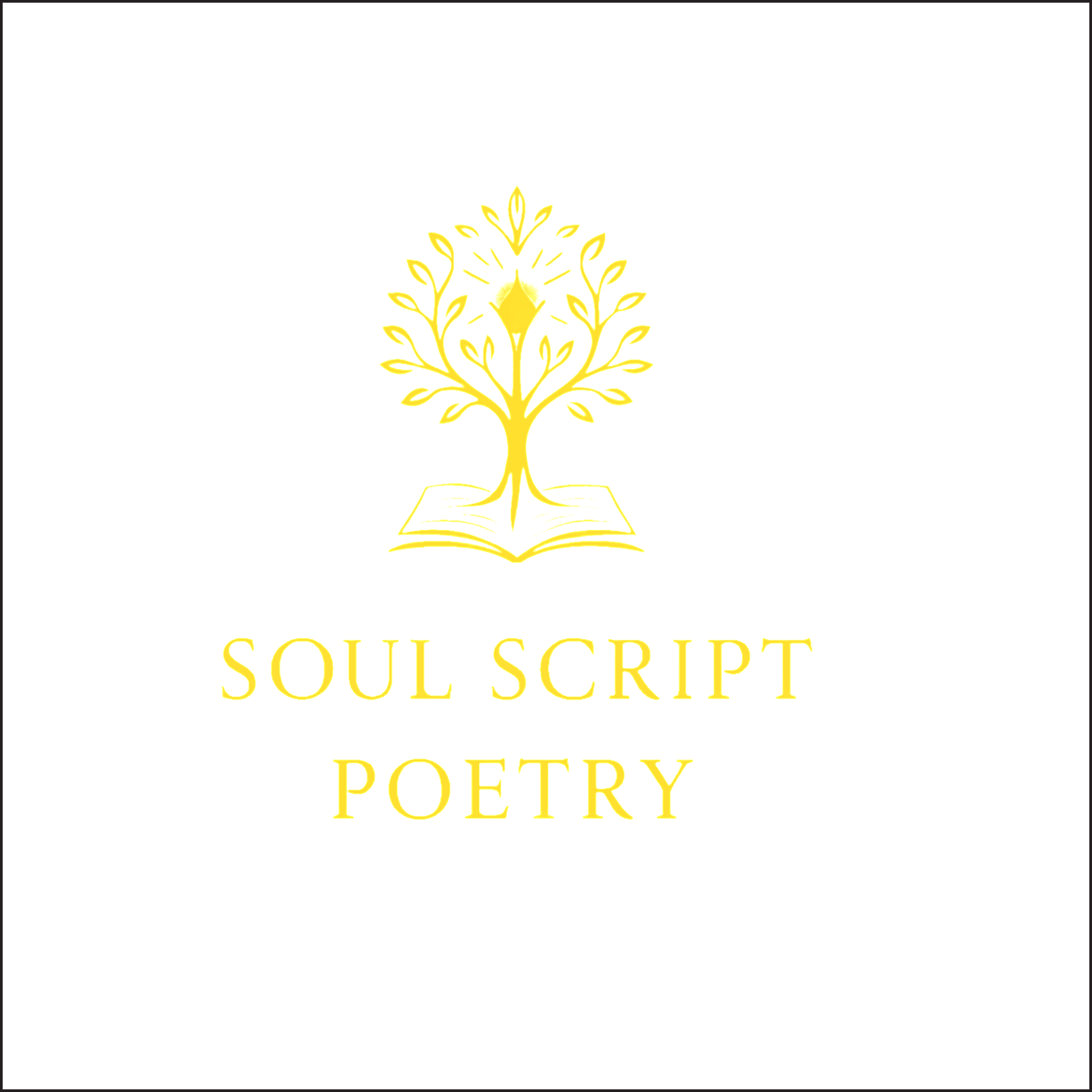 Golden “Soul Script Poetry” logo with a tree growing from an open book on a white background