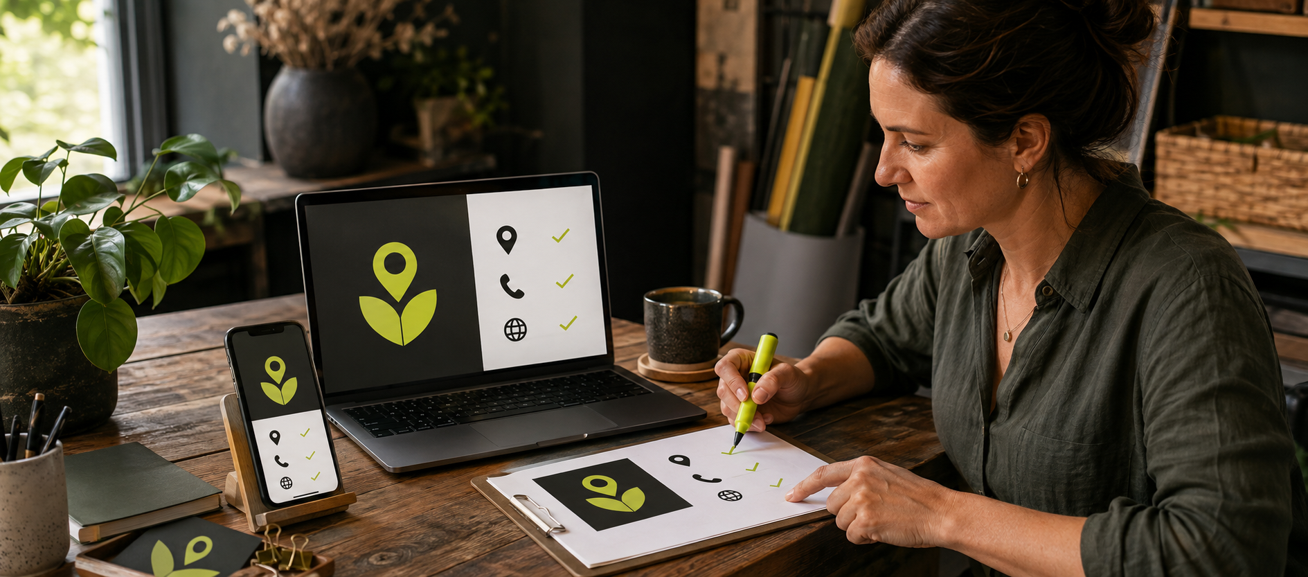 Small-business owner checking consistent business identity, location and phone details across a website, mobile profile and audit sheet.