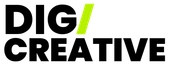 DIG/CREATIVE logo in bold black text with a bright green slash on a white background