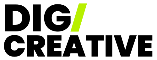 DIG/CREATIVE logo in bold black text with a bright green slash on a white background