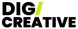 DIG/CREATIVE logo in bold black text with a bright green slash on a white background
