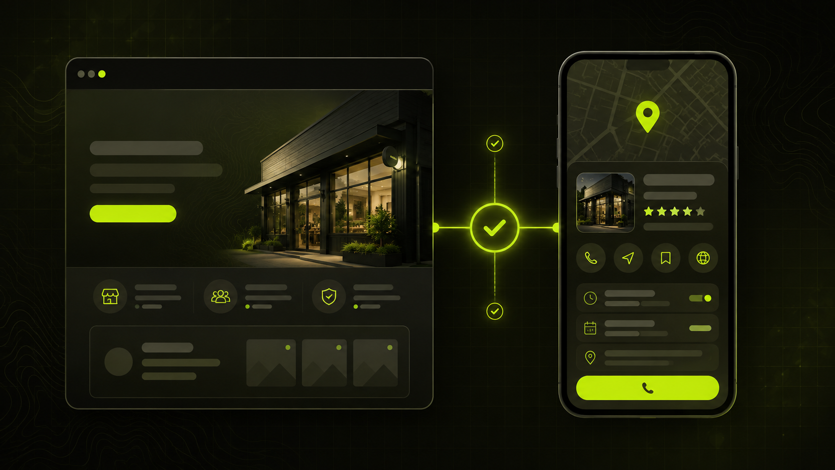 Dark neon UI mockup: website on left, smartphone app on right, connected by glowing lines and checkmark.