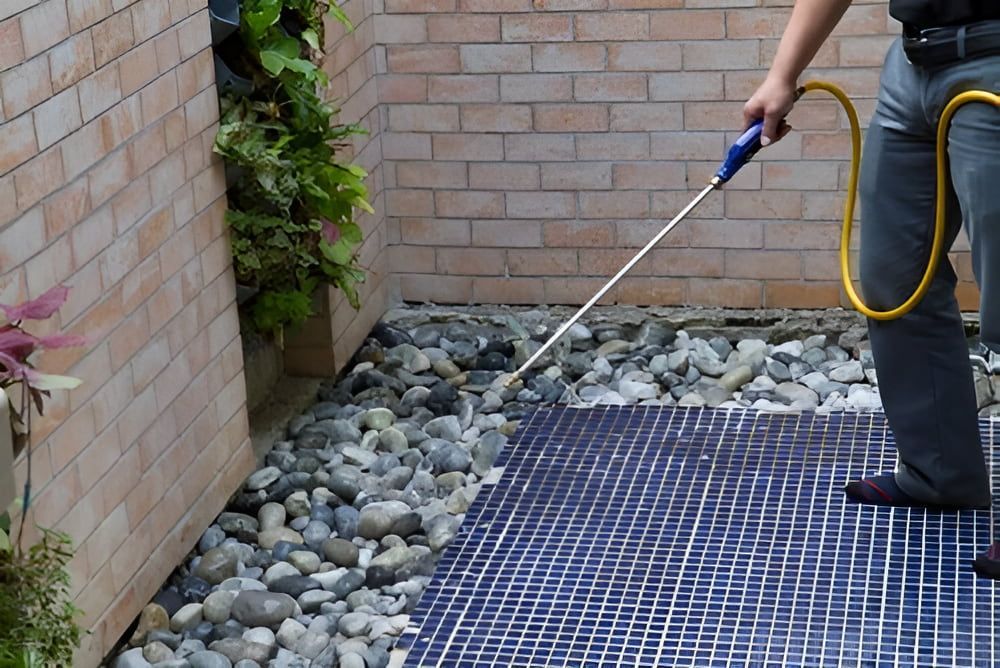 A Man is Spraying a Blue Tile Floor With a Hose — Audy Geiszler Pest Control in Cannonvale, QLD