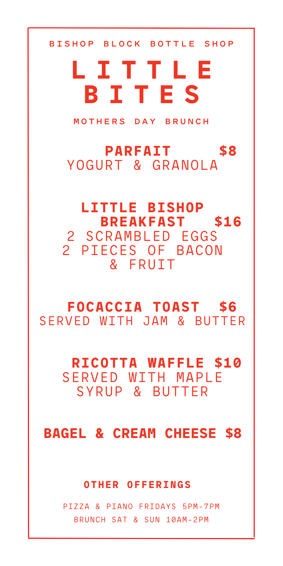 Red café menu for Little Bites with pastries and breakfast items listed on white background