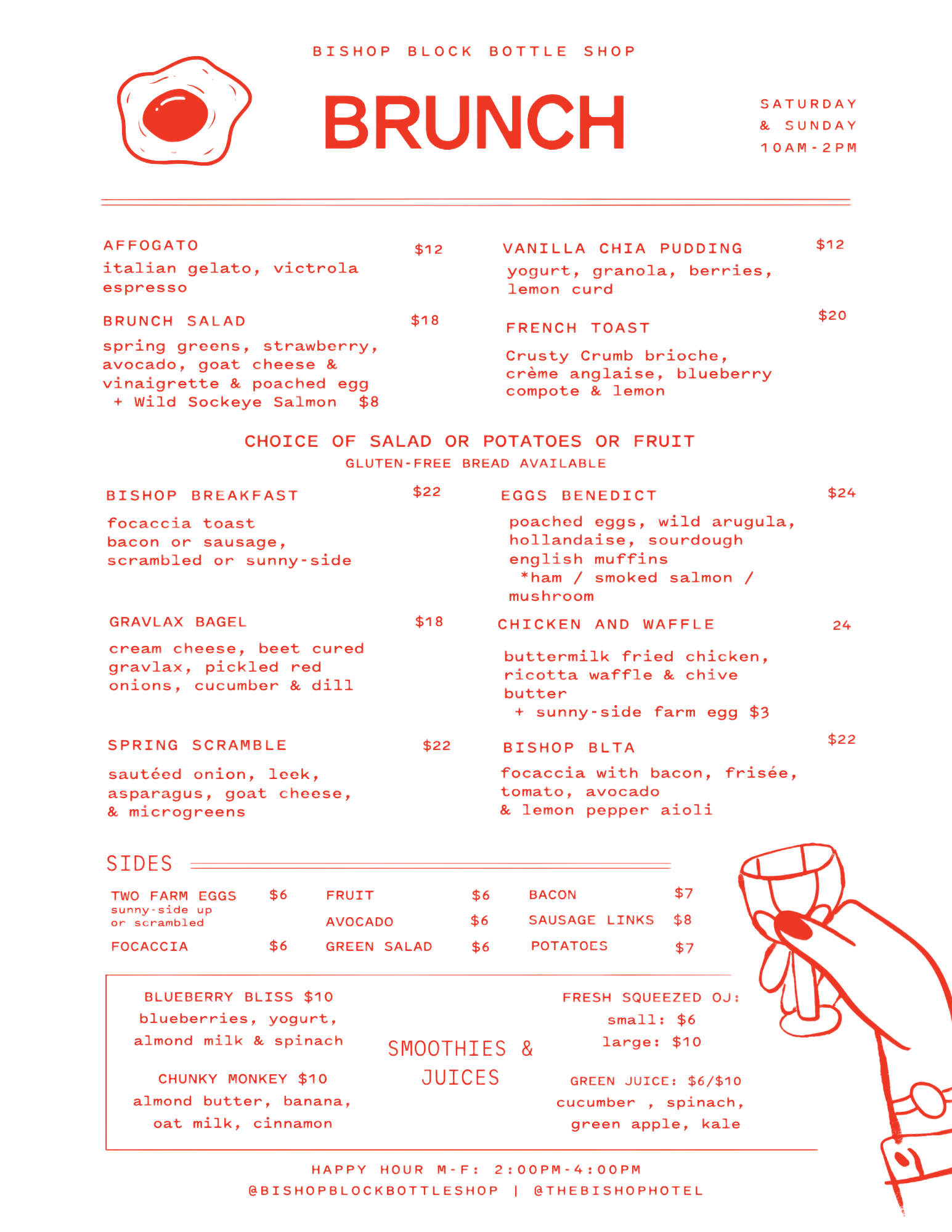 Red-and-white brunch menu with a fried egg logo and a hand holding a wine glass illustration.