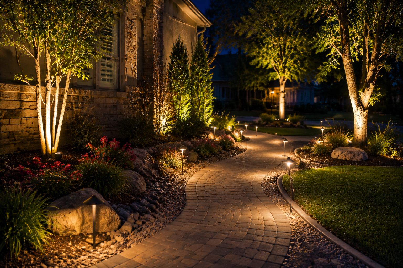 Northern Outdoor Lighting oval logo with lit landscape, pool, trees, and starry night sky