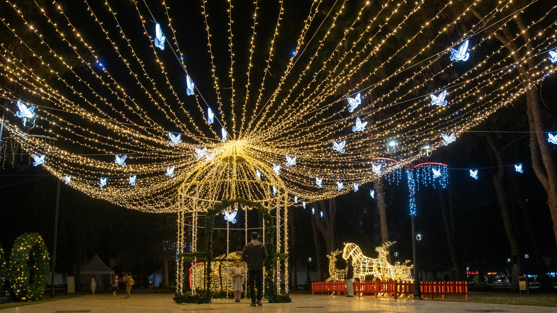 Nighttime outdoor display with golden string lights radiating from a central tree-like structure and seated figures below