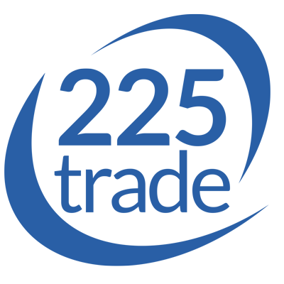 Blue and white 225trade logo with curved swoosh around the text