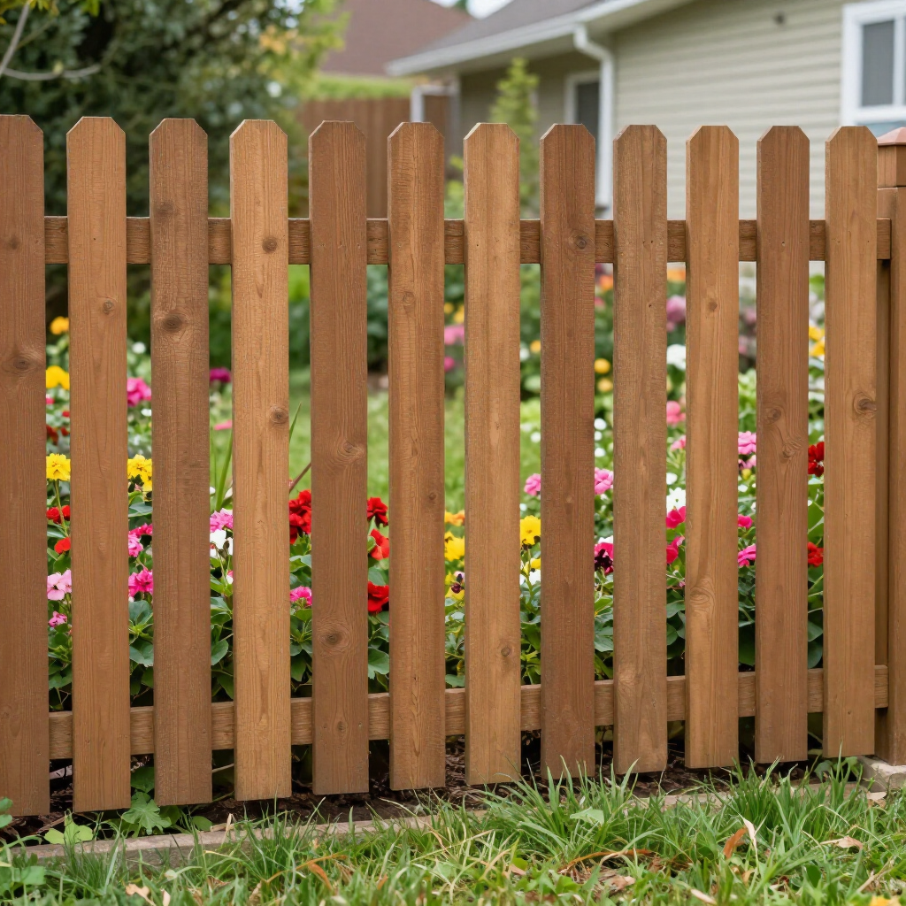 A brown wooden picket fence with pointed tops stands in front of a garden filled with colorful flowers and a house.