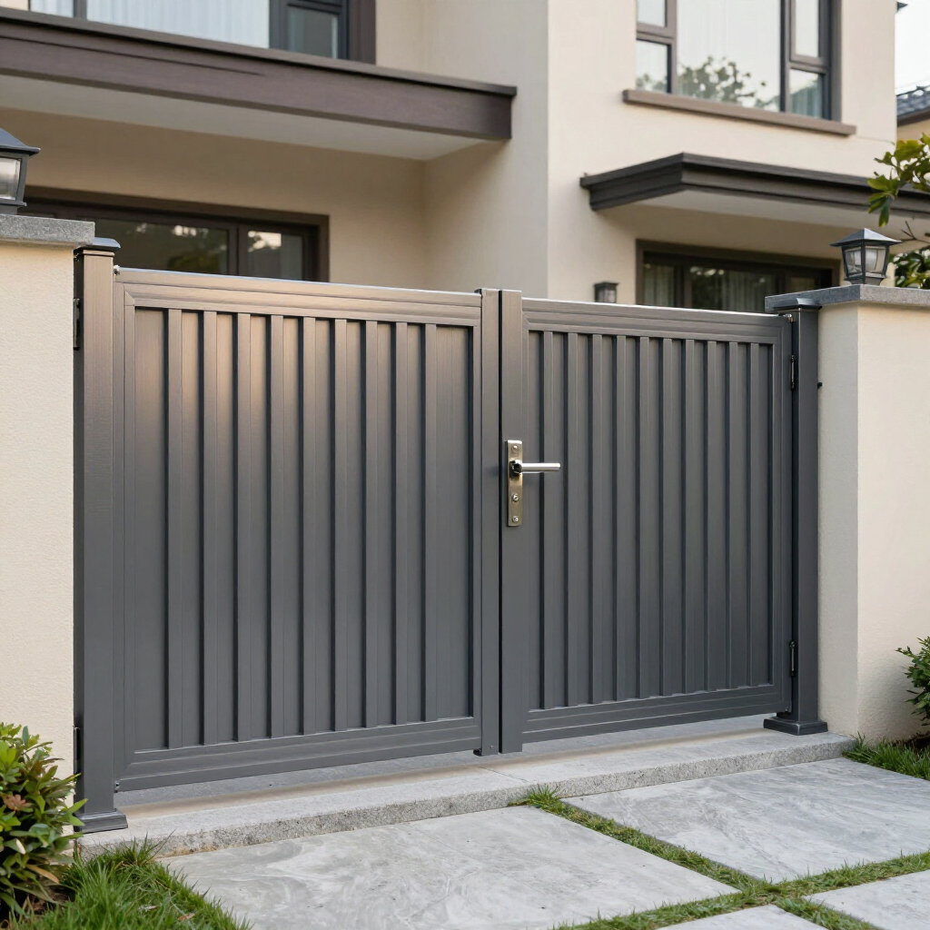 A modern, dark grey metal double gate with vertical slats, installed between two cream-colored walls in front of a house.