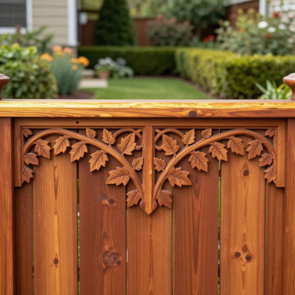 A wooden fence section features intricate, carved leaf detailing beneath the top rail, set against a blurred garden.