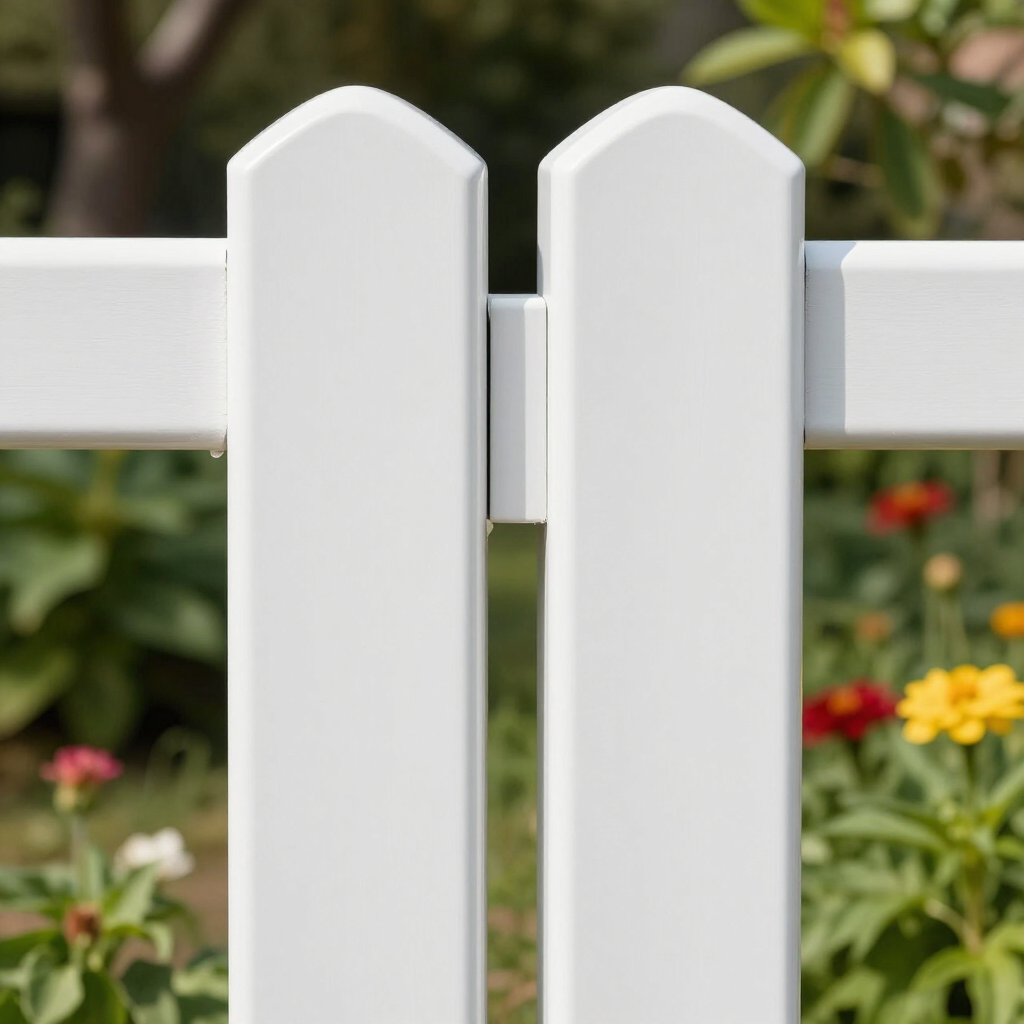 Close-up of white vinyl picket fence sections with pointed tops, set against a blurred garden background.